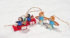 Vintage Mini Wooden Christmas Ornaments - Angels & Sleighs - Set of 4 - Holiday
