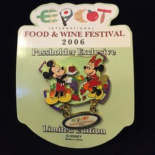 Disney Epcot Food & Wine 2006 Passholder Mickey Minnie Mouse Pin on Pin Dangle