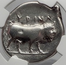 HYRIA in CAMPANIA 400BC Silver Didrachm Athena Man Bull Greek Coin NGC i59949