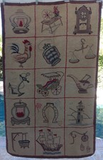Antique Primitive Folk Art 19c Hooked Rug Quilt 33" x 53"