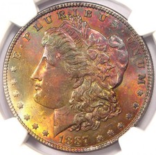 1887 Toned Morgan Silver Dollar $1 - Ngc Ms64+ Pq Plus Grade - Rainbow Toning!