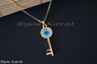 Nazar Goldkette Schlüssel Anhänger 24 Karat Gold GP Evil Blue Eye Key Necklace 