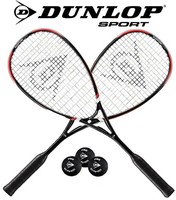 Dunlop Squashset: 2x BLACKSTORM POWER HL Squashschläger besaitet +Hüllen +1 Ball