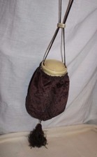 Vtg 10s 20s Brown Velvet Beaded Purse Evening Bag Tassel Celluloid Top W/Mirror