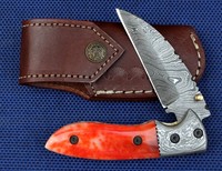 DAMASTMESSER FOLDER HANDMADE 256 LAGEN CAMELBONE ROT