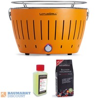 LotusGrill rauchfreier Holzkohlegrill Mandarinenorange + Brennpaste + 1 kg Kohle