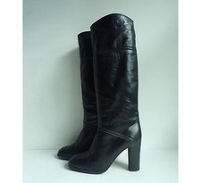 Vintage 90s Madras Black Leather Knee High Heeled Boots Made in Italy Size 9