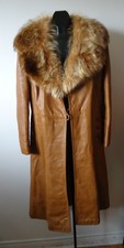 Vtg 70s Womens Big Fur Collar Leather A-Line Coat Jeno Montreal Canada