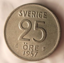 1957 Sweden 25 Ore - High Quality Collectible Silver Coin - Sweden Bin #3