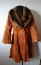 Vtg 70s Womens Big Fur Collar Pigskin Suede Db A-Line Coat Bell Sleeve Canada M