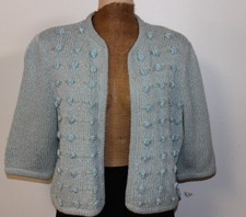 Vtg Lee Herwau 60s Sea Foam Green Crop Top Sweater Cardigan Flower Rose Rosettes