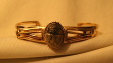 Handsome Shiny Layered Openwork Etched Gray & Beige Scarab Goldtn Cuff Bracelet