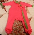 Little Sprout Mud Pie Baby Girl Sleeper 0-6mos Pink w/Bow & Grn Trim LS Preowned
