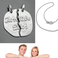 2 Partner Freundschafts- Ich liebe Dich Anhänger mit 2 Ketten ECHT SILBER 925
