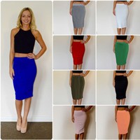 Gr.34-44 Neu Damen Bleistiftrock Business Midi Rock Knielang Stretch Midirock 
