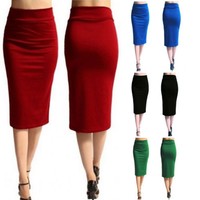 2016 NEU DAMEN EINFARBIG OFFICE DAMEN DEHNBAR BODYCON MIDI TRIKOT BLEISTIFTROCK