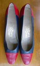 Vintage 1970's Salvatore Ferragamo Navy And Red Shoes, Made In Italy Size 8.5
