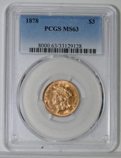1878 $3 Indian Princess Head Gold – Pcgs – Ms 63