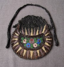 ANTIQUE 1920'S ART DECO FLAPPER FLOWERS BEADED PURSE BAG WITH STRAP   #387