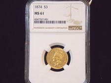 1874 $3 Three Dollar Gold Indian Princess Ngc Ms61 East Coast Coin &Collectables