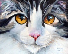 Impressionism Original Acrylic Painting Norwegian Forest Cat 16x20 In. On Canvas