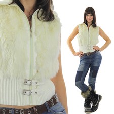 90s Grunge Boho Hippie white rabbit fur zipper vest top