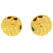 22k Yellow Gold Open Twisted Wire Round Button Earrings w/ Red & Green Enamel