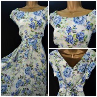 NEW PLUS SIZE RETRO TEA DRESS BLUE IVORY FLORAL ROSE SWING SUMMER SIZE 14 - 22