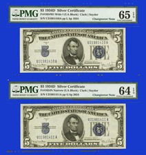 Silver Changeover Pair Wide I/Narrow Fr. 1654 $5 1934D 65 Epq and Choice 64