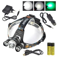 BORUIT 6000LM 3x XM-L T6+2R5 Grün LED Stirnlampe Kopflampe 2X18650+USB Ladegerät