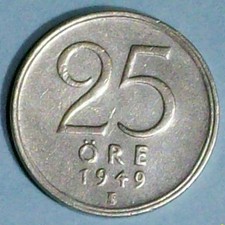 Sweden 25 Ore 1949 Ts Very Fine Silver Coin