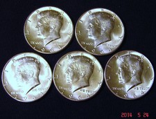 (5) Bu 1964 90% Silver John F Kennedy Uncirculated Half Dollar Coins