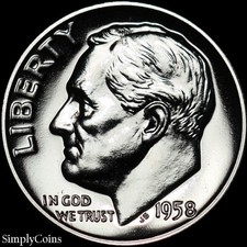 1958 Roosevelt Dime ~ Gem Proof Uncirculated ~ 90% Silver Us Coin