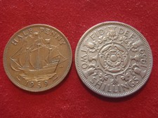 2 British Coins - Half Penny & 2 Shillings -Both 1959 -Both Nice Condition -Look