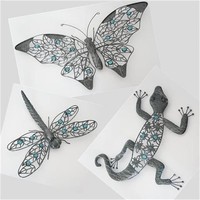 WAND BILD DEKO METALL LIBELLE SCHMETTERLING GECKO EIDECHSE GARTEN DEKORATION TOP