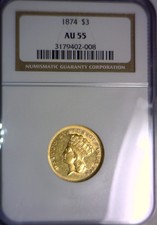 1874 $3 Gold Ngc Au-55