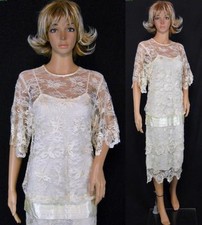 Vtg 80s Ivory Sheer Net Lace Drop Waist Gatsby Flapper Cocktail Wedding Dress