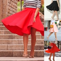 OL Damen A-linie Rock Knielang Ausgestellt Skater Midi Kleid Plissiert