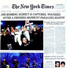 Boston Marathon Bombings Newspaper New York Times 4/20/2013 FBI Bomber Terrorist