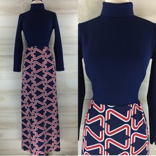 Vintage 60s mod turtleneck long maxi dress geometric red white blue S
