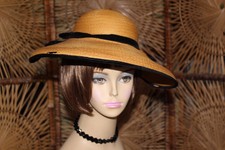 Vtg 30s-40s Large Brim Summer Hat Wide Black Velvet Trim Ribbon Bow