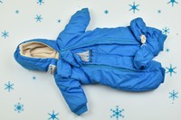 Blue overall snow suit w/ mittens for 12-24 months old baby boys. Size: 86cm