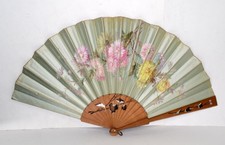 hand fan blue satin painted flowers large wooden ribs antique original 1800