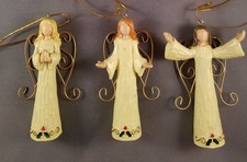 Angel ornaments, holiday, resin, metal wings, set of 3