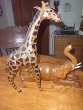 Leather Wrapped Giraffe and Elephant Statue Figurines