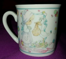 Precious Moments Mini Mug, Joy On Arrival, girl stork baby, 1991 Samuel Butcher