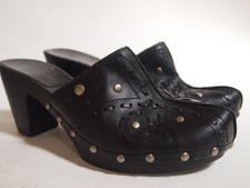 Vtg 90s Black Leather Wood Heel Woven Laced Studs Biker Boho Hippie Clogs Shoe 6