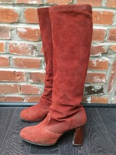 Vintage 70s Knee High Boots 7.5 Womens Red Suede Leather Size Zip Heels