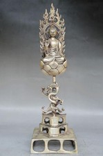 COLLECTIBLE DECORATED OLD HANDWORK TIBET SILVER CARVED BUDDHA & DRAGON STATUE 
