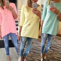 Damen 3/4 Arm Freizeit Tops Tunika T-shirts Lang Blusen Herbst Oberteil Bluse
